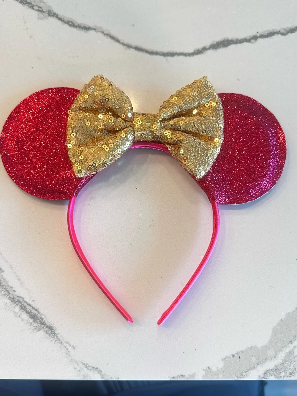 Kids Pink Glitter Mouse Ears Headband with Gold Sequin Bow